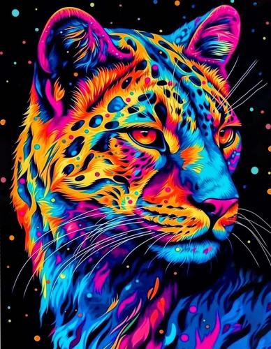 Numbered Painting Black Canvas - Rainbow Leopard