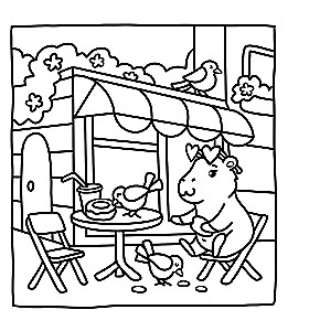 We are sitting with a beaver drinking coffee. Anti-stress coloring book