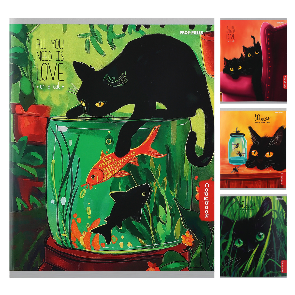 Piezīmju grāmatiņa - Melno kaķu dzīve, A5, 96 lapas, rūtiņas, dažādība