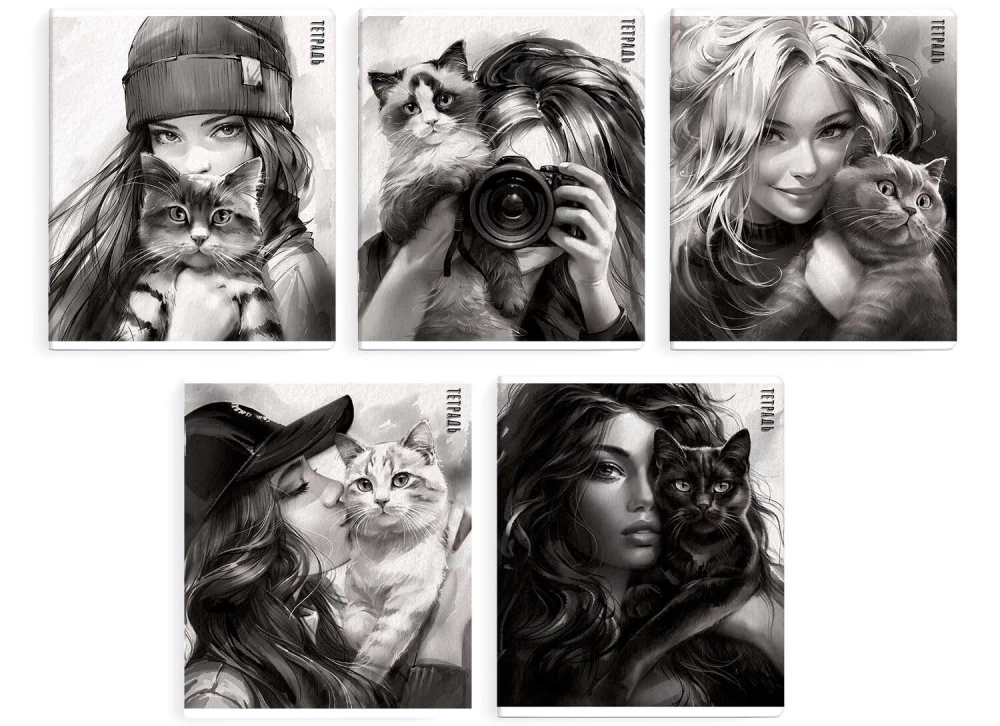 Notebook - Girl with a Cat, A5, 48 sheets, grid, assorted