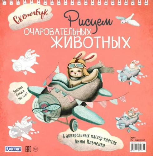 Wir zeichnen charmante Tiere (ein Hase im Flugzeug). Skizzenbuch mit Spiralbindung