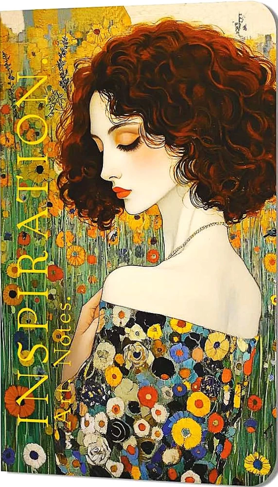Notizbuch Inspiration. Kunst. Notizen. Klimt (rote, lockige Mädchen, Kleid mit Blumenmuster)