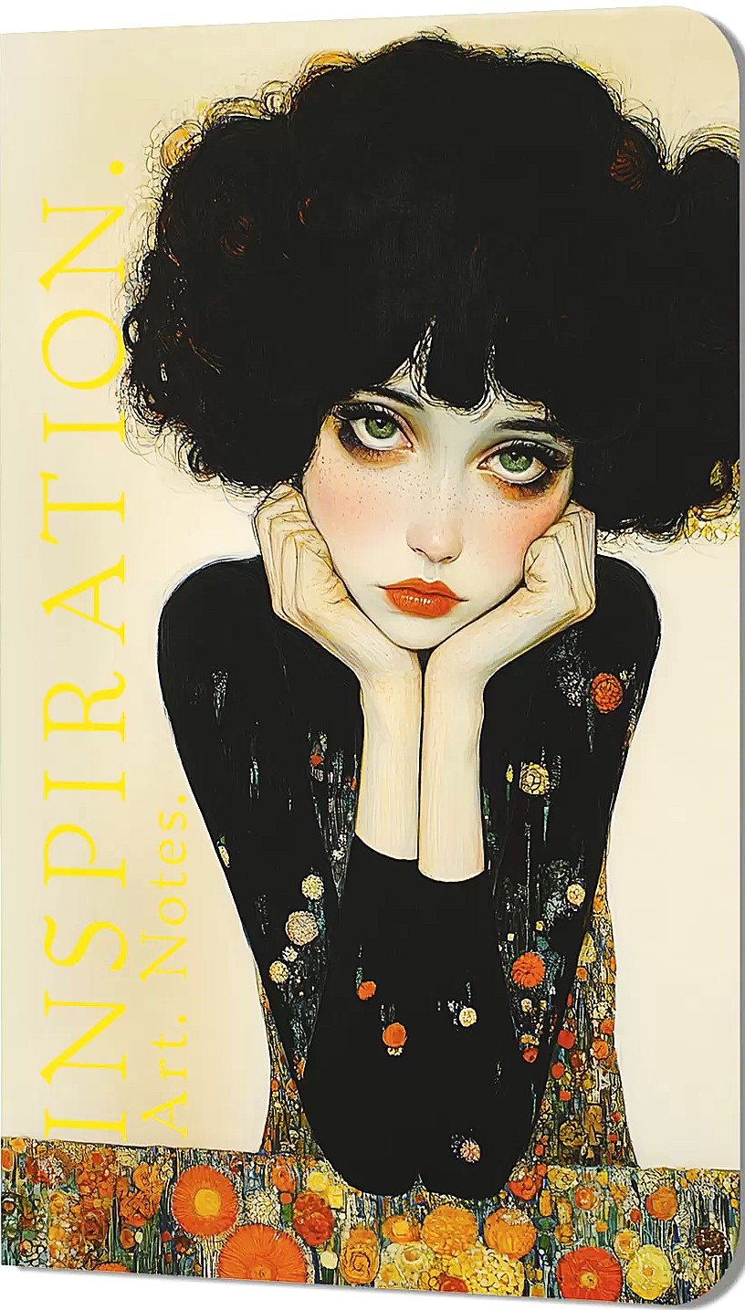 Bloknot Inspiration. Art. Notes. Klimts (kudrains brunete melnā kleitā)