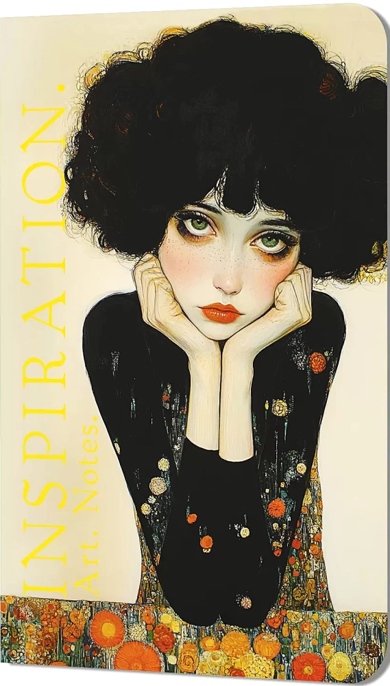 Notebook Inspiration. Art. Notes. Klimt (curly brunette in a black dress)