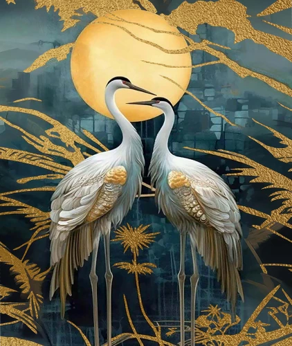 Numbered painting with gold leaf - Japanese cranes in the full moon
