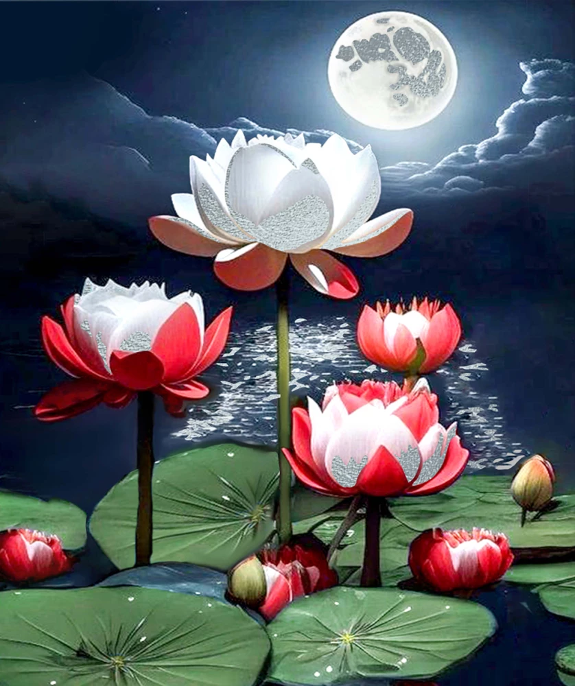 Painting by numbers with platinum foil - Lotus in the glow of the moon