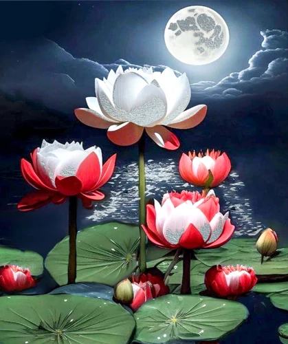Painting by numbers with platinum foil - Lotus in the glow of the moon