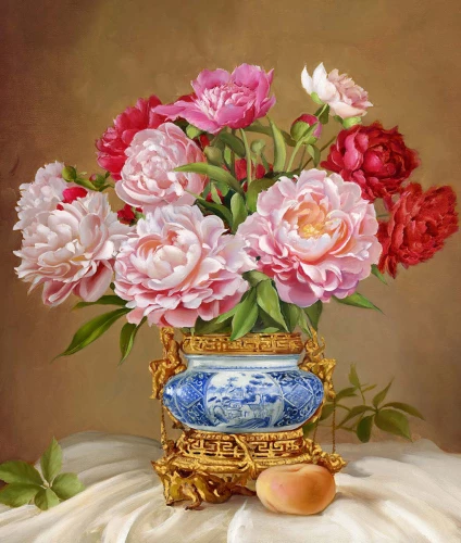 Numbered Painting with Foil - Buzin. Peonies in a Porcelain Vase