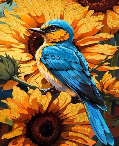 Numbered painting with gold leaf - Bluebird in Sunflowers