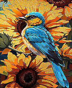 Numbered painting with gold leaf - Bluebird in Sunflowers