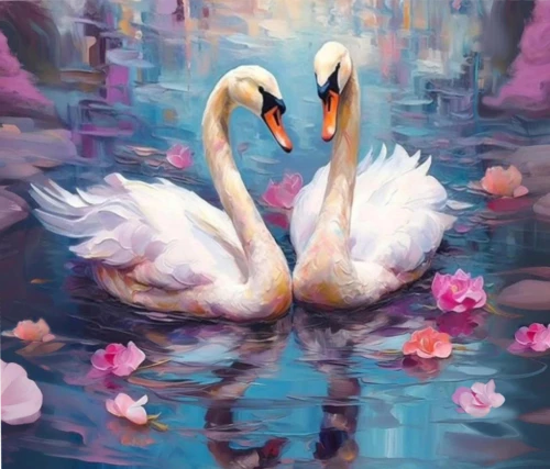 Paint by Numbers - Swans and Flowers on the Lake