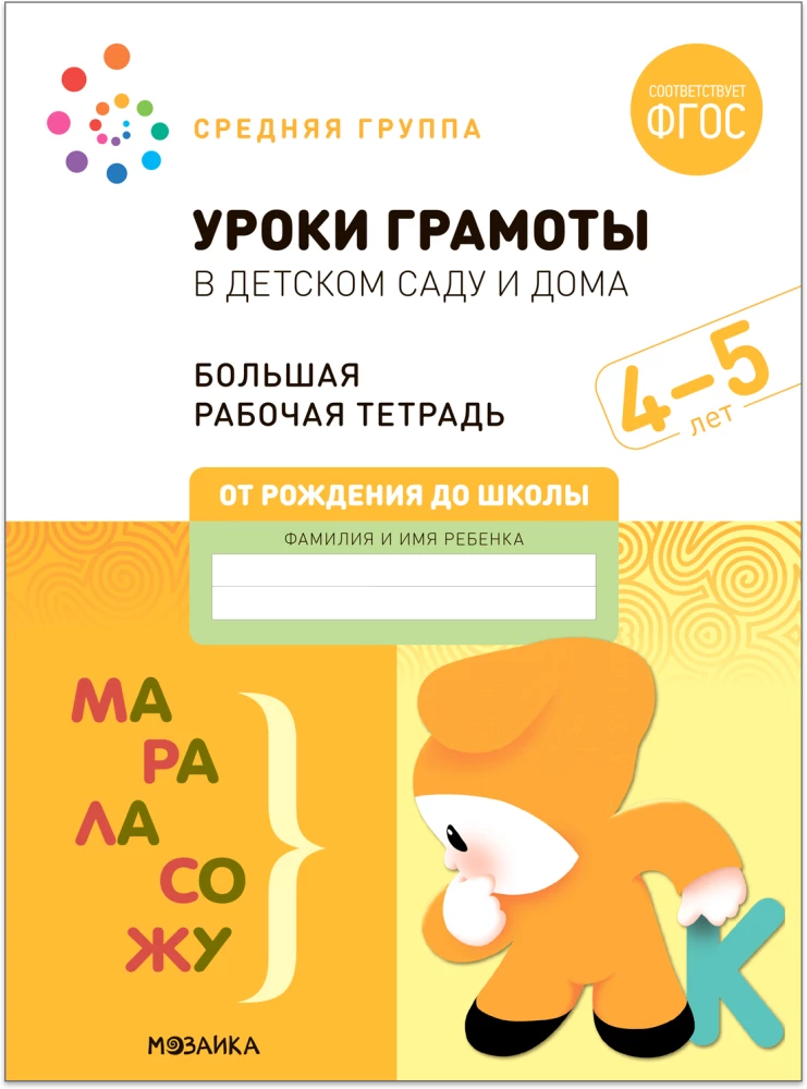 Large Workbook. Literacy Lessons in Kindergarten and at Home. 4-5 Years. Federal State Educational Standards