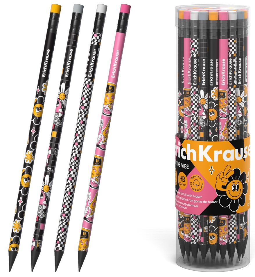 Melnā grafīta zīmulis plastmasas ErichKrause Positive Vibe, apaļš, ar dzēšgumiju, HB, dažādībā