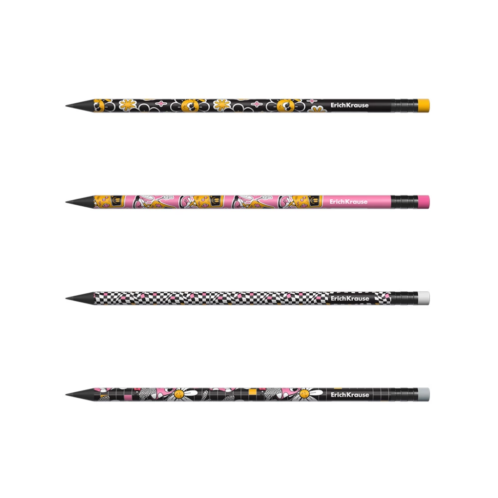 Black graphite plastic pencil ErichKrause Positive Vibe, round, with eraser, HB, assorted