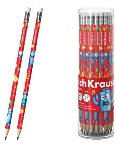 Black graphite pencil ErichKrause Jolly Friends, triangular, with eraser, HB. assorted