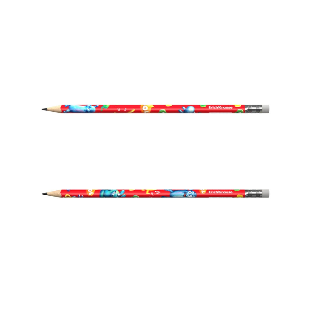 Black graphite pencil ErichKrause Jolly Friends, triangular, with eraser, HB. assorted