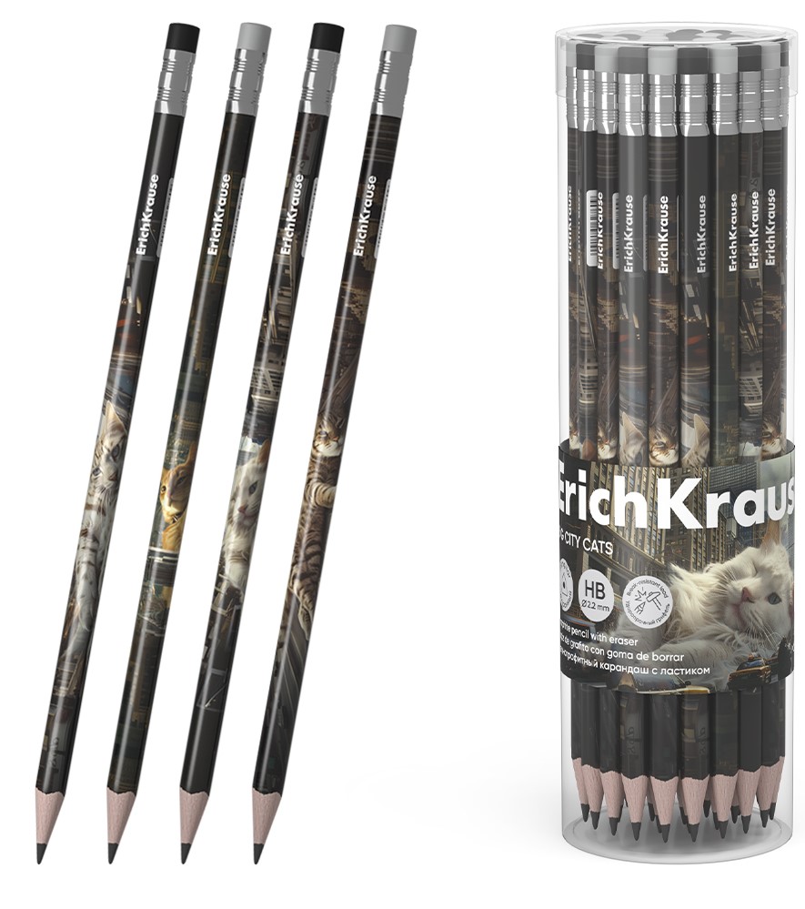 Melngrafīta zīmulis ErichKrause Big City Cats, trīsstūrveida, ar dzēšgumiju, HB, dažādībā