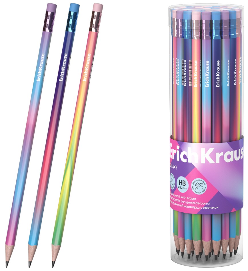 Melngrafīta zīmulis ErichKrause Galaxy, trīsstūrveida, ar dzēšgumiju, HB, dažādās krāsās