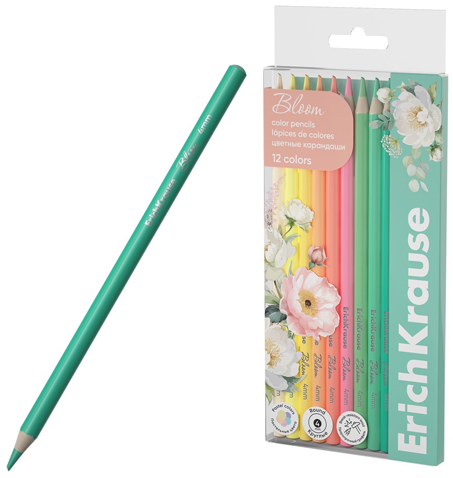 Colored Wooden Pencils ErichKrause Pastel Bloom Round, Lead 4 mm, 12 Colors