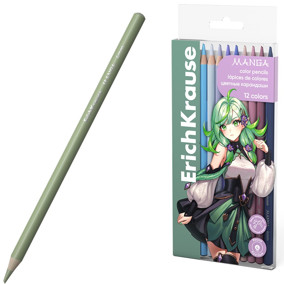 ErichKrause Manga Colored Wooden Pencils, Round, 4 mm Lead, 12 Colors