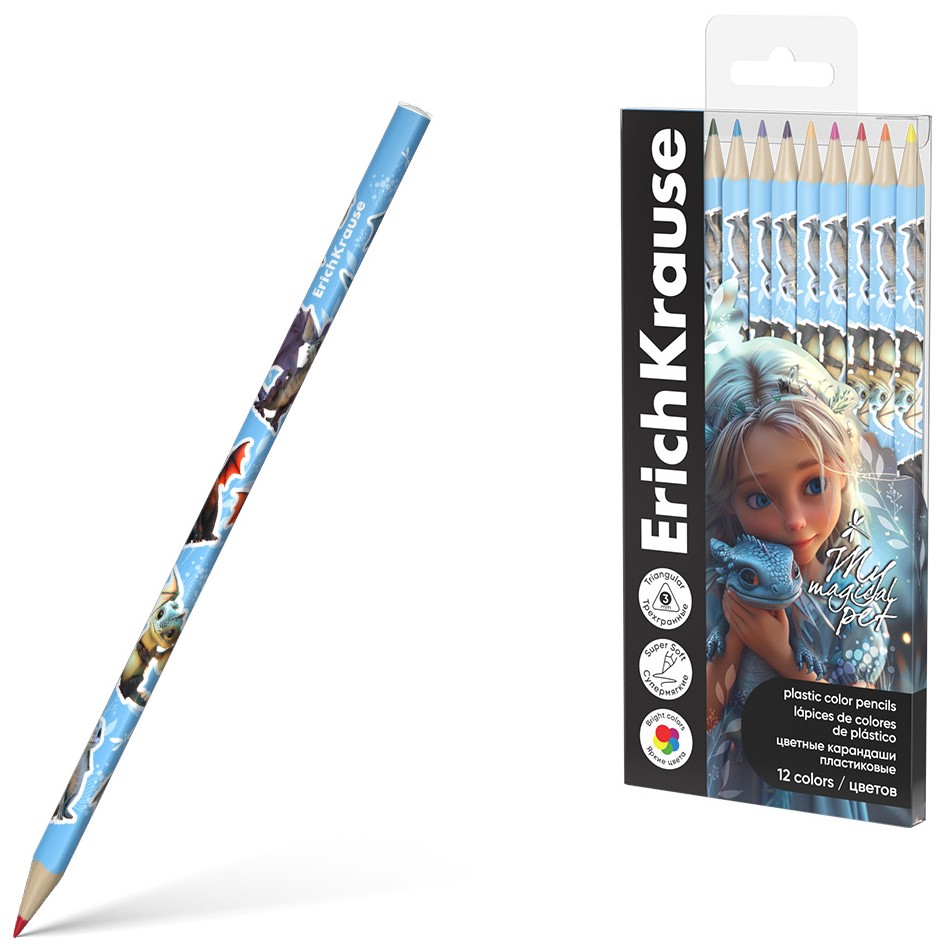 ErichKrause Magic Pet Plastic Colored Pencils Triangular, Lead 3 mm, 12 colors