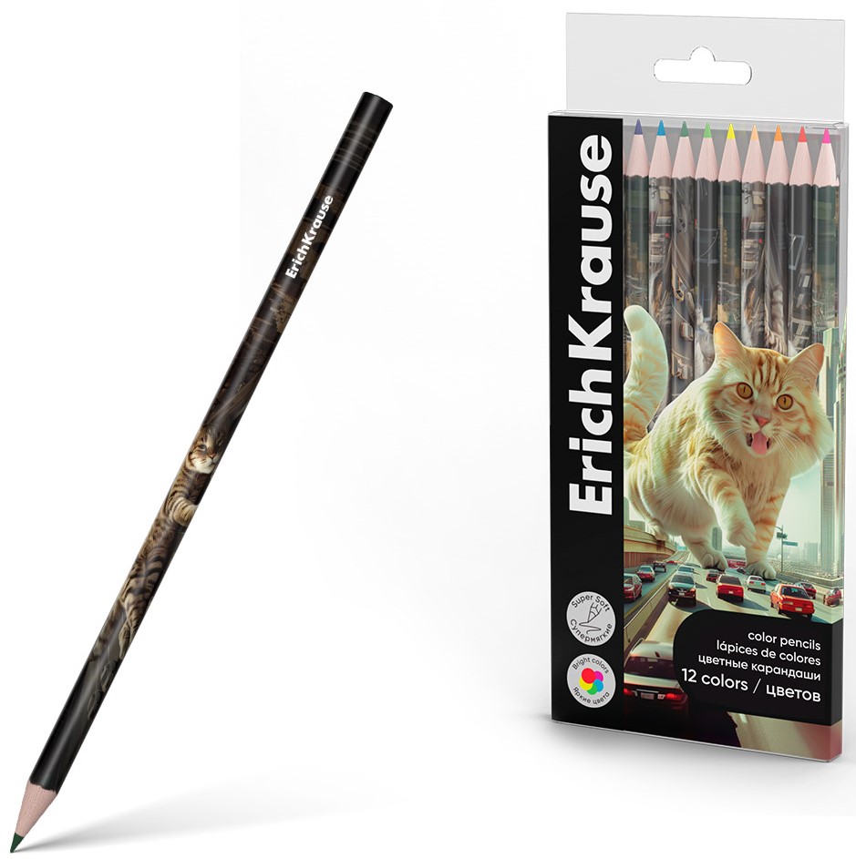 Colored wooden pencils ErichKrause Big City Cats, round, lead 3 mm, 12 colors