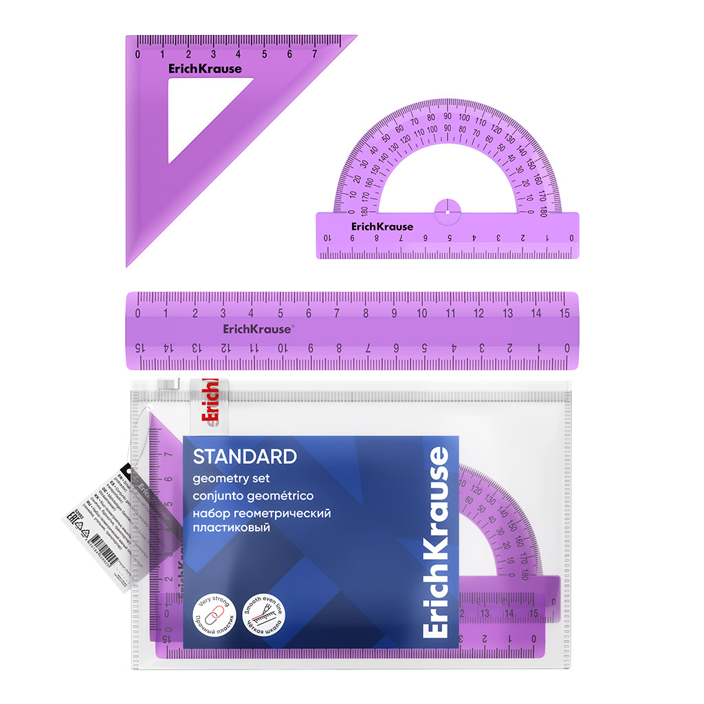 Geomeetriline komplekt väike plastikust ErichKrause Standard, (juhik, sirglõik, mõõdik)