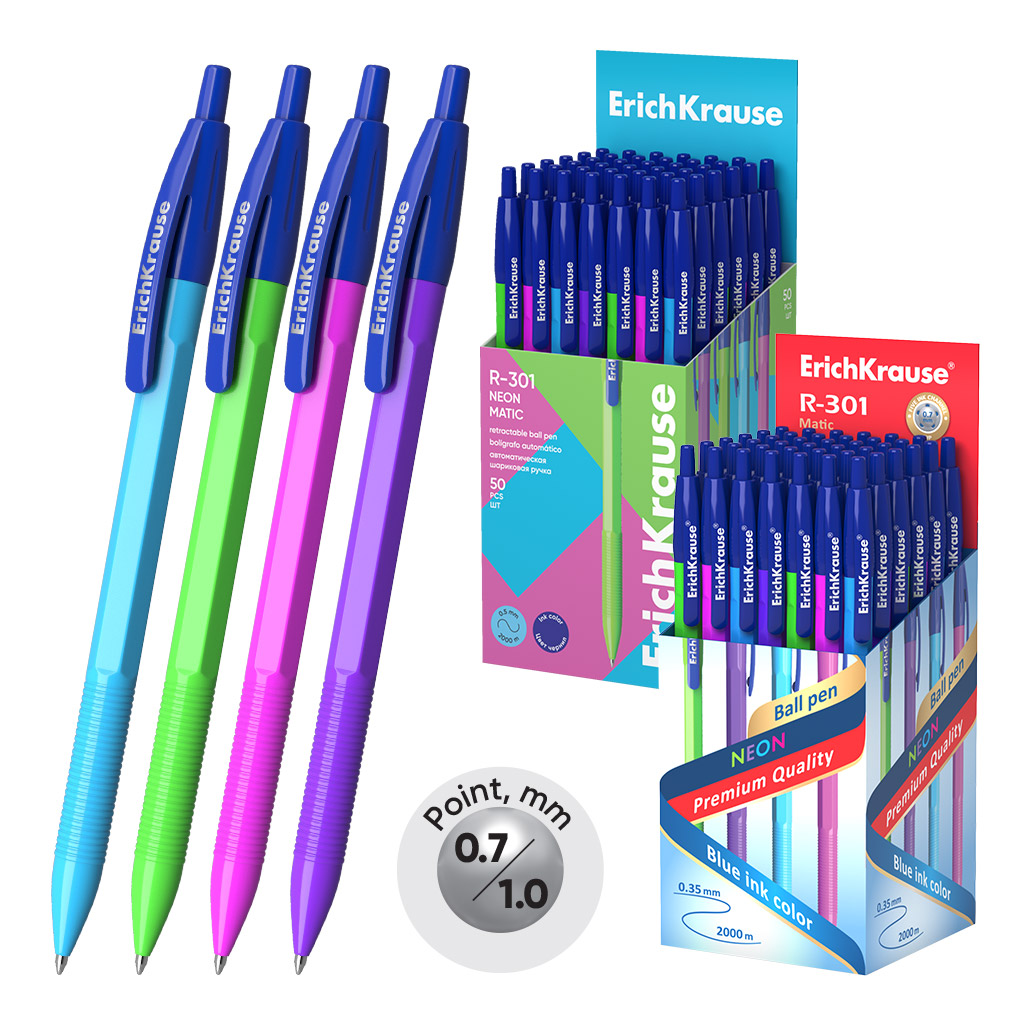 Ручка шариковая автоматическая ErichKrause R-301 Matic Neon 1.0, цвет чернил синий, в ассортименте