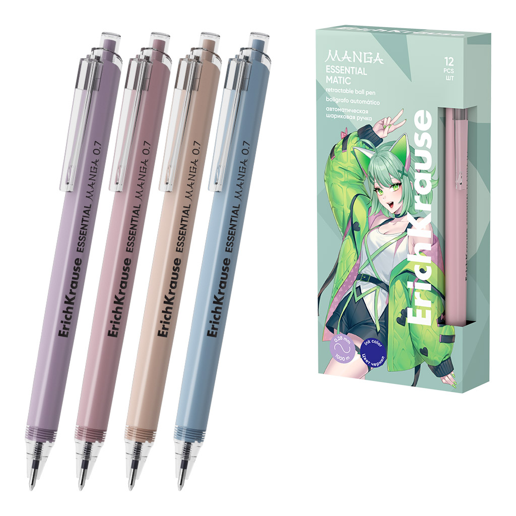 Ручка шариковая автоматическая ErichKrause Essential Matic Manga 0.7, Super Glide Technology, цвет чернил синий, ассорти