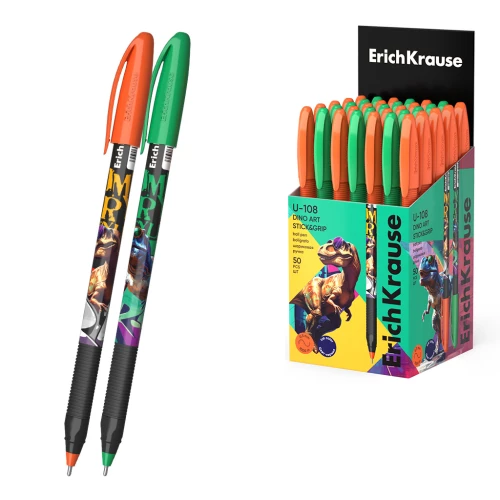 Ballpoint pen ErichKrause U-109 Stick&Grip Dino Art 1.0, Ultra Glide Technology, ink color blue, assorted