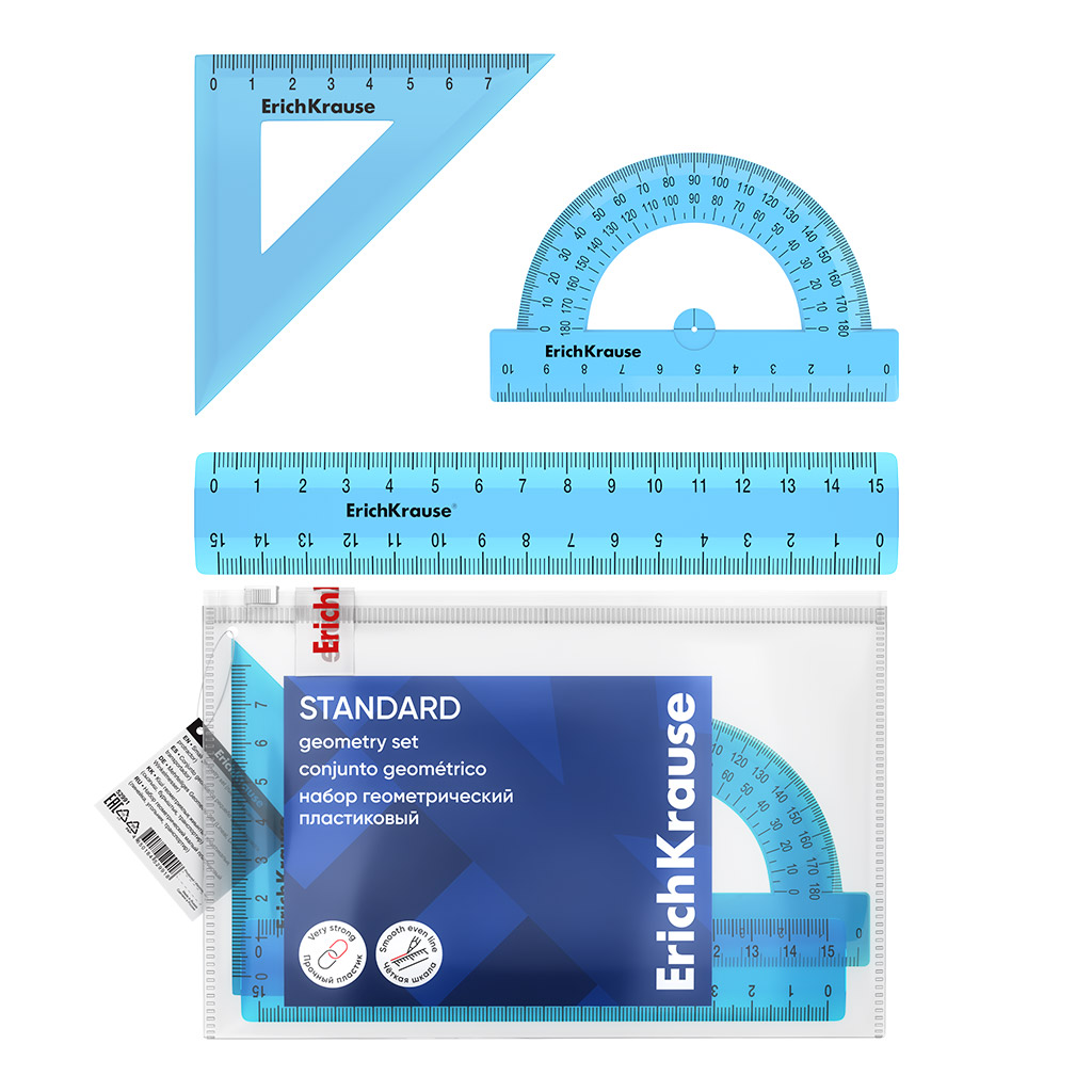 Geomeetriline komplekt väike plastikust ErichKrause Standard, (joonlaud, nurk, prožektor), sinine