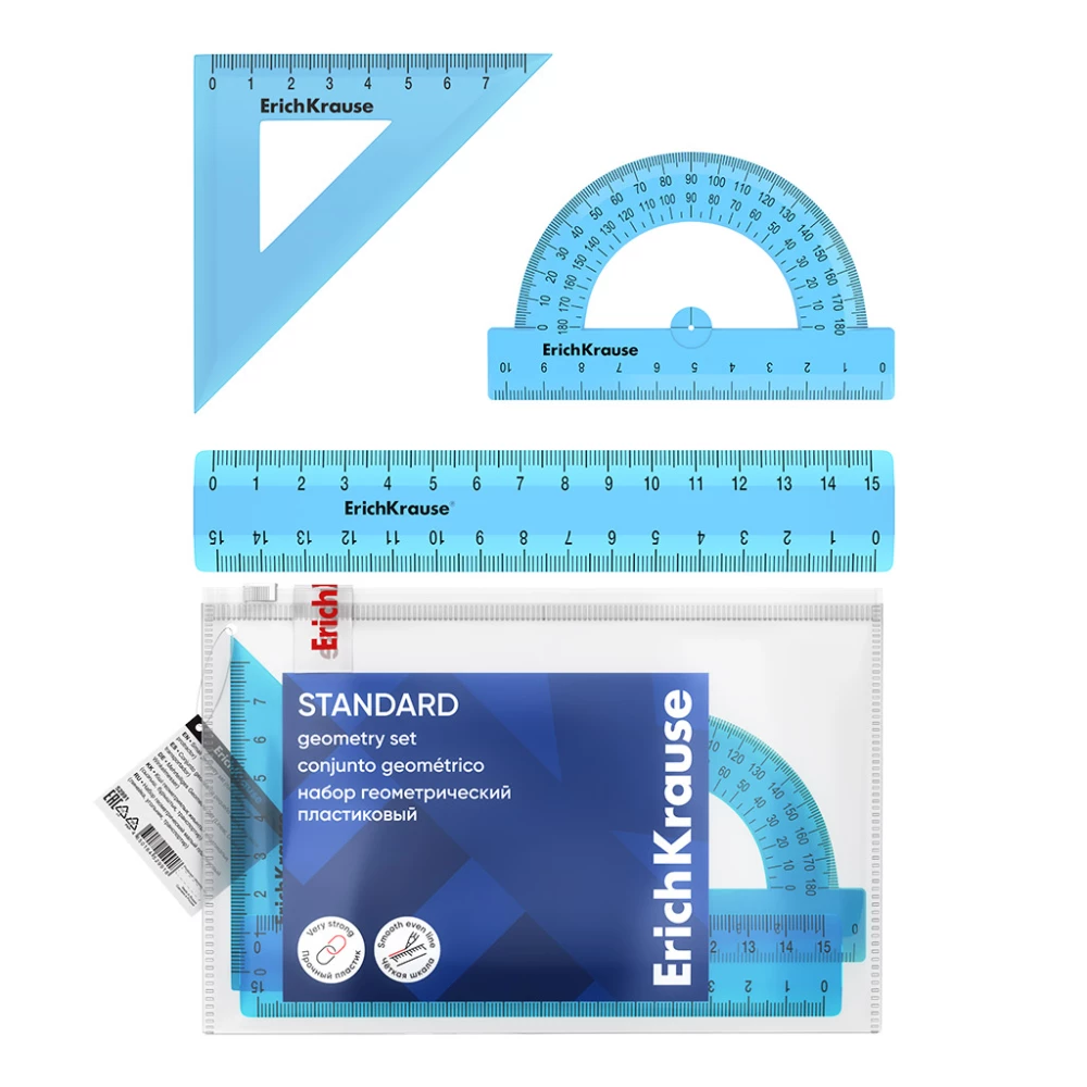 Geomeetriline komplekt väike plastikust ErichKrause Standard, (joonlaud, nurk, transportör), sinine