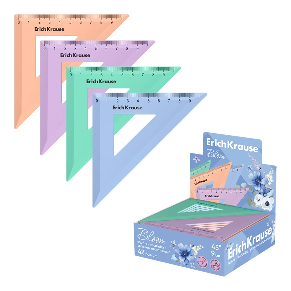Plastic Ruler ErichKrause Pastel Bloom, 45°/9cm, assorted