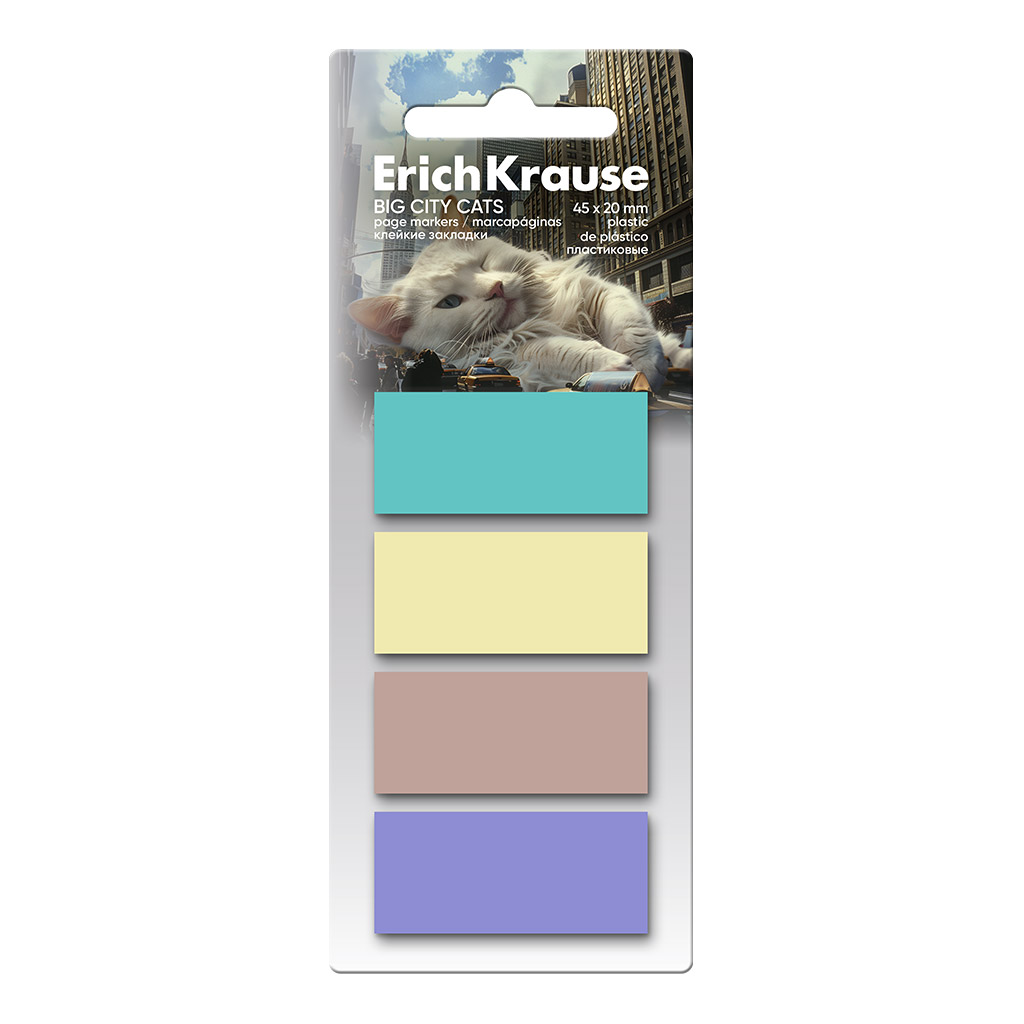 Sticky Notes Plastic ErichKrause Big City Cats, 45x20 mm, 80 sheets, 4 colors
