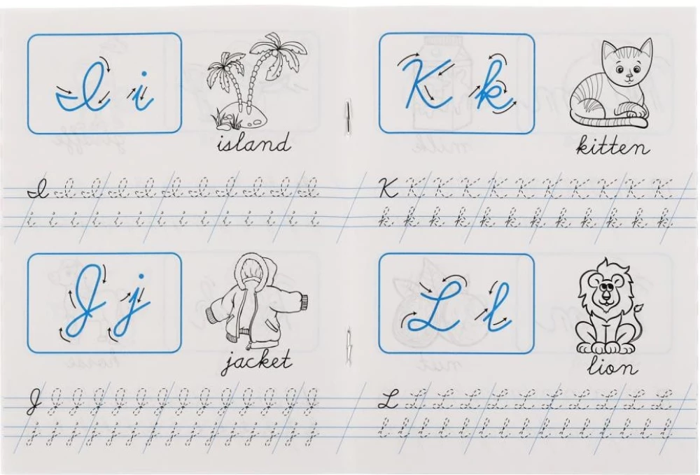 Schreiben von Buchstabenelementen und Kursivbuchstaben. Englisch