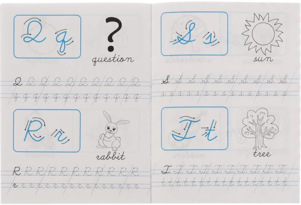 Schreiben von Buchstabenelementen und Kursivbuchstaben. Englisch